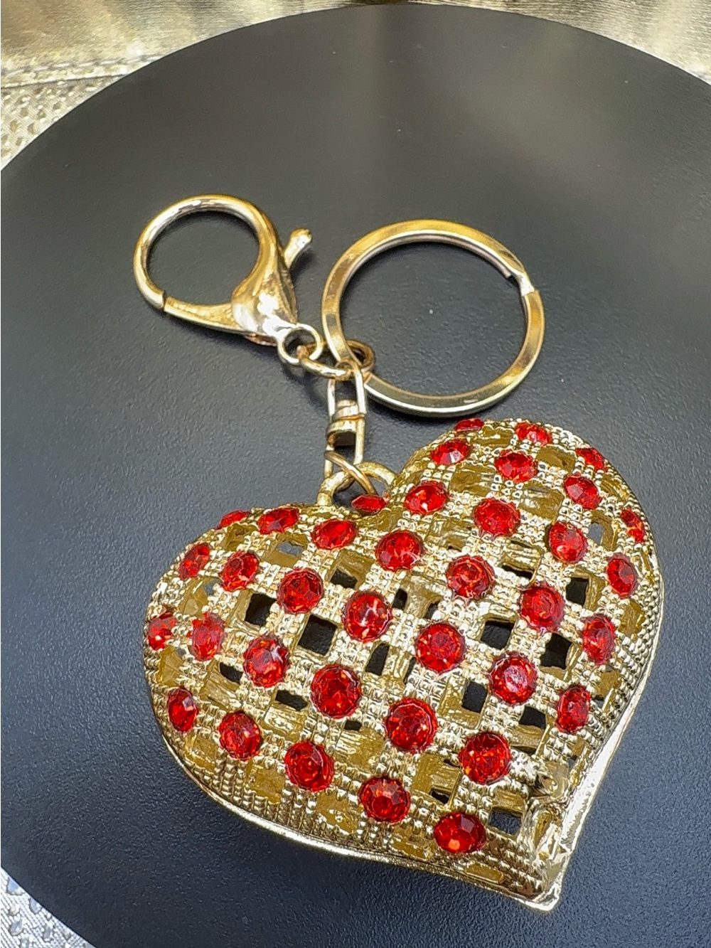Gold Heart Keychain with Red Crystal Accents